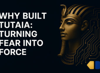 "TUTAIA blog banner featuring Tutankhamun's golden mask merged with a digital AI circuit, and the title 'Why I Built TUTAIA: Turning Fear Into Force'."