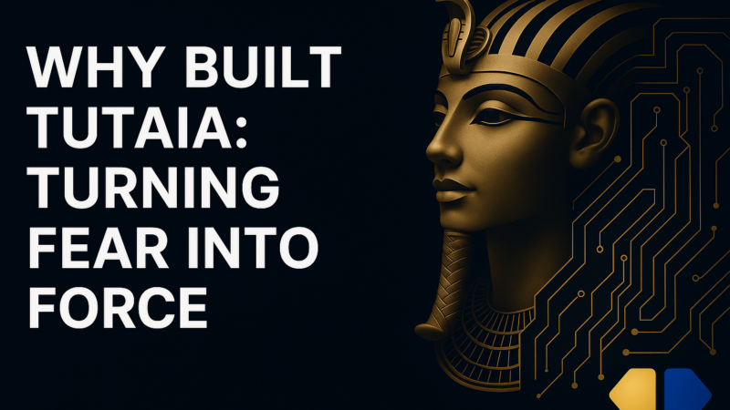 "TUTAIA blog banner featuring Tutankhamun's golden mask merged with a digital AI circuit, and the title 'Why I Built TUTAIA: Turning Fear Into Force'."